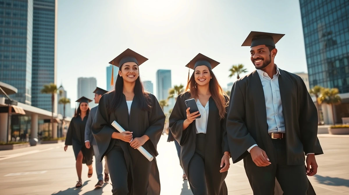 Recent college graduates in caps and gowns walking in a sunny Southern city plaza with a modern skyline in the background