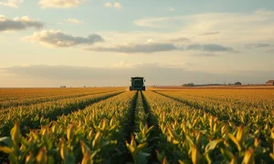 Soybean field with combine harvester under cloudy sky