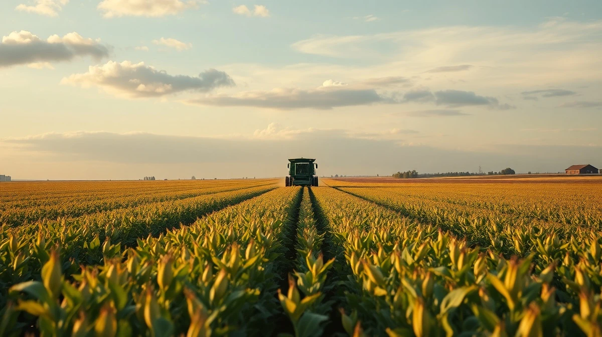 Soybean field with combine harvester under cloudy sky
