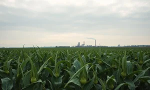 Soybean field with an oil refinery in the background under a cloudy sky