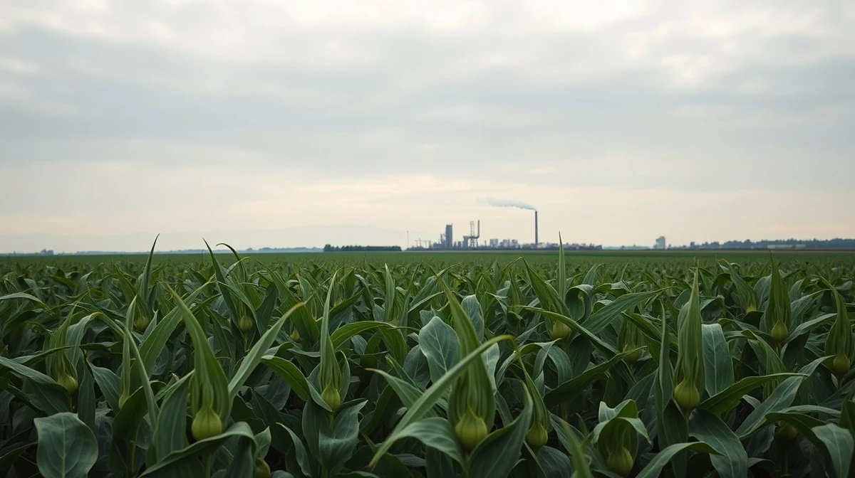 Soybean field with an oil refinery in the background under a cloudy sky