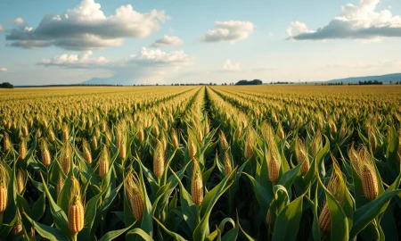 Soybean field ready for harvest under partly cloudy sky