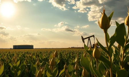 Soybean field with oil storage tanks in background, representing commodity market link