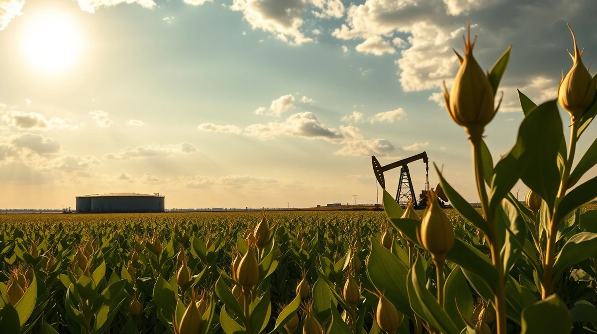 Soybean field with oil storage tanks in background, representing commodity market link