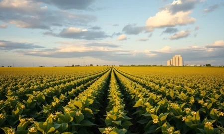 Soybean field with grain silos in background under partly cloudy sky