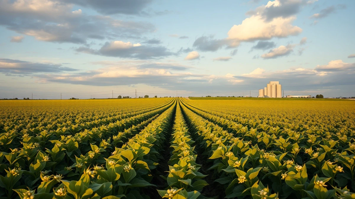 Soybean field with grain silos in background under partly cloudy sky