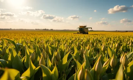 Soybean field with combine harvester under partly cloudy sky during harvest season