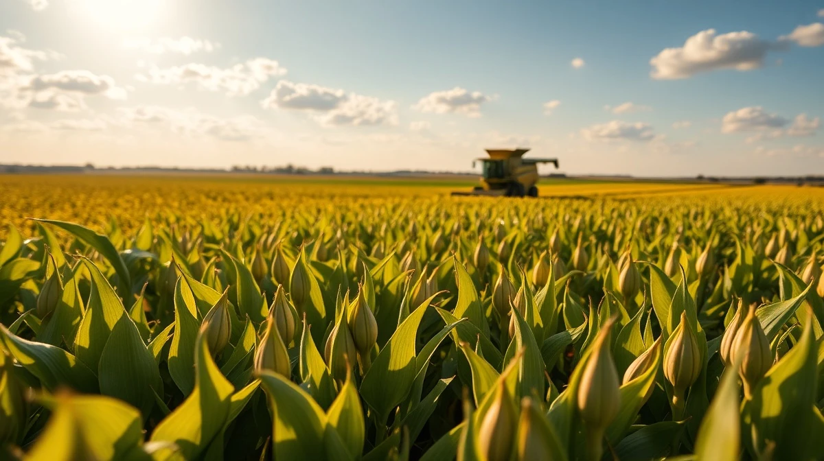 Soybean field with combine harvester under partly cloudy sky during harvest season