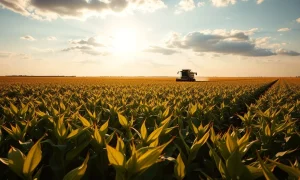 Soybean field under partly cloudy sky with tractor in distance, reflecting agricultural commodity market conditions.