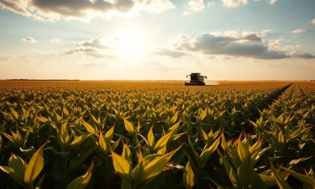 Soybean field under partly cloudy sky with tractor in distance, reflecting agricultural commodity market conditions.