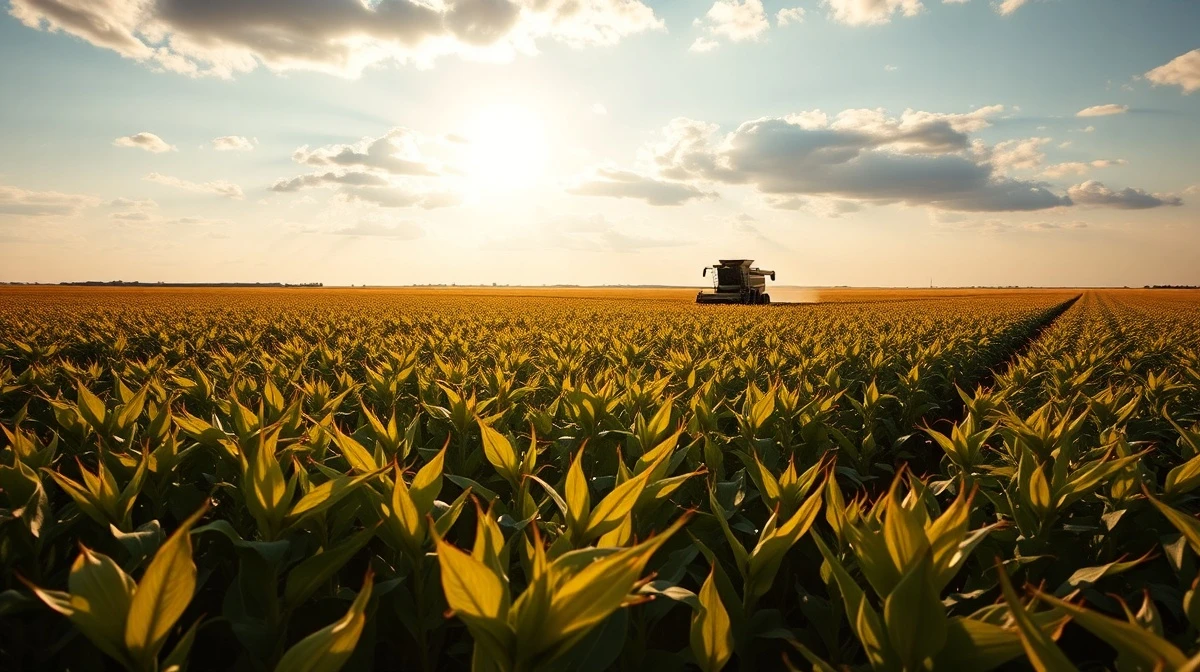 Soybean field under partly cloudy sky with tractor in distance, reflecting agricultural commodity market conditions.