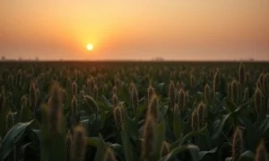 Soybean field at sunset with a calm yet tense atmosphere representing market pressure.