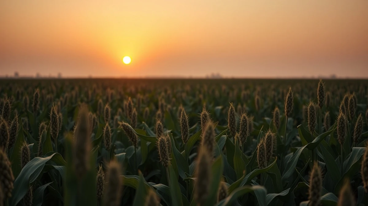 Soybean field at sunset with a calm yet tense atmosphere representing market pressure.
