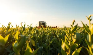Soybean field at sunset with combine harvester in background, representing agricultural commodity markets.