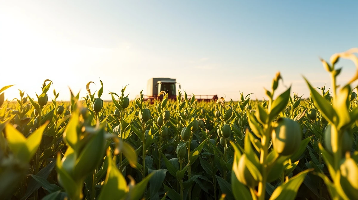 Soybean field at sunset with combine harvester in background, representing agricultural commodity markets.