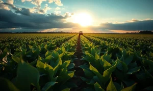 Soybean field under cloudy sky with tractor in distance