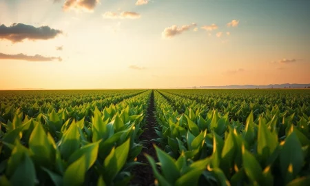 Soybean field under cloudy sky with tractor in distance