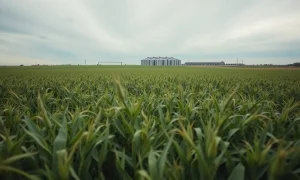 Soybean field under overcast sky with silos in distance, representing falling commodity prices