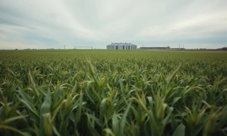 Soybean field under overcast sky with silos in distance, representing falling commodity prices