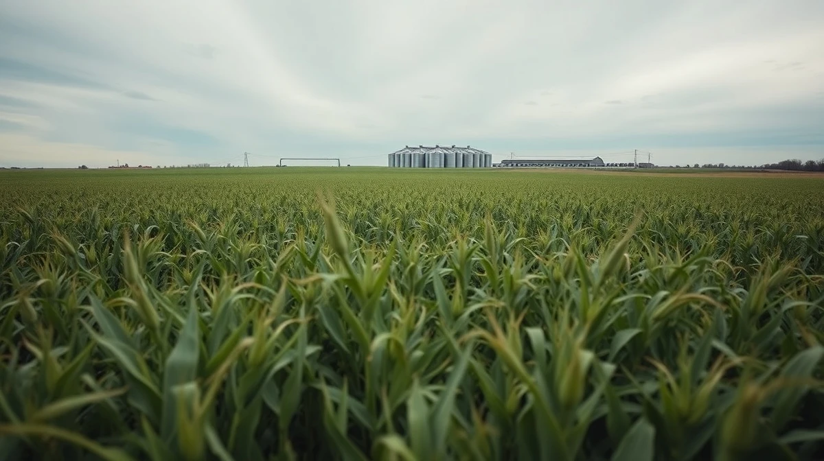 Soybean field under overcast sky with silos in distance, representing falling commodity prices