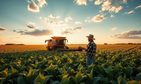 Farmer in soybean field checking smartphone with declining chart as crude oil pressure weighs on markets