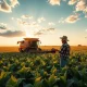Farmer in soybean field checking smartphone with declining chart as crude oil pressure weighs on markets