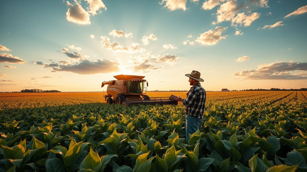 Farmer in soybean field checking smartphone with declining chart as crude oil pressure weighs on markets