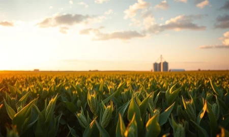 Soybean field at sunset with a harvester working in the distance