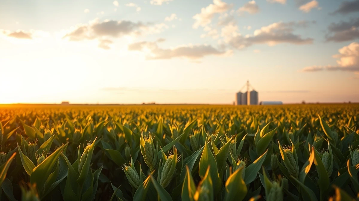 Soybean field at sunset with a harvester working in the distance