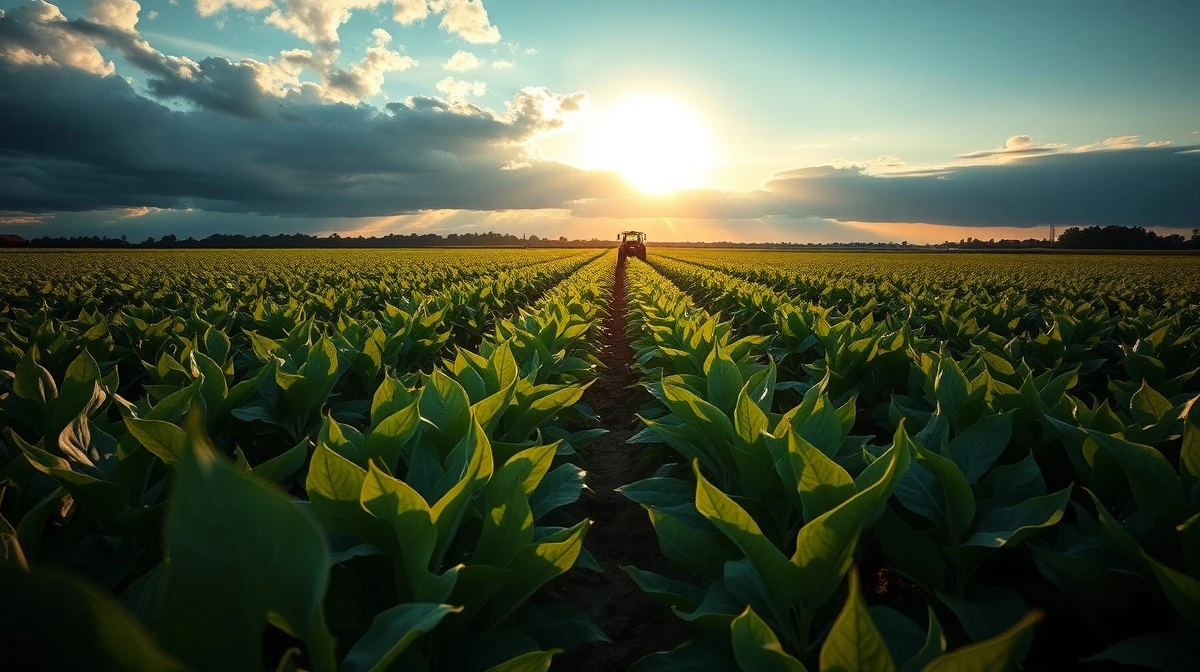 Soybean field under cloudy sky with tractor in distance