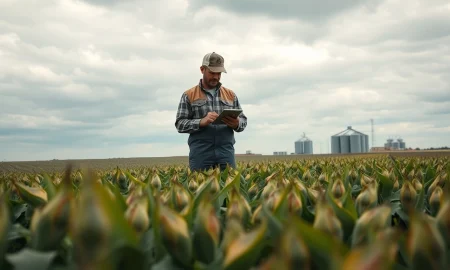 Soybean field with farmer checking prices on a tablet under overcast sky