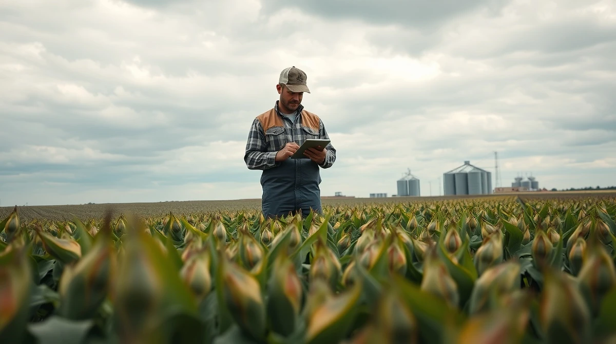 Soybean field with farmer checking prices on a tablet under overcast sky