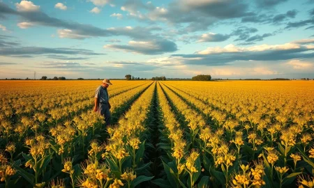 Soybean field with a farmer inspecting crops under a cloudy sky, representing agricultural commodity market conditions.