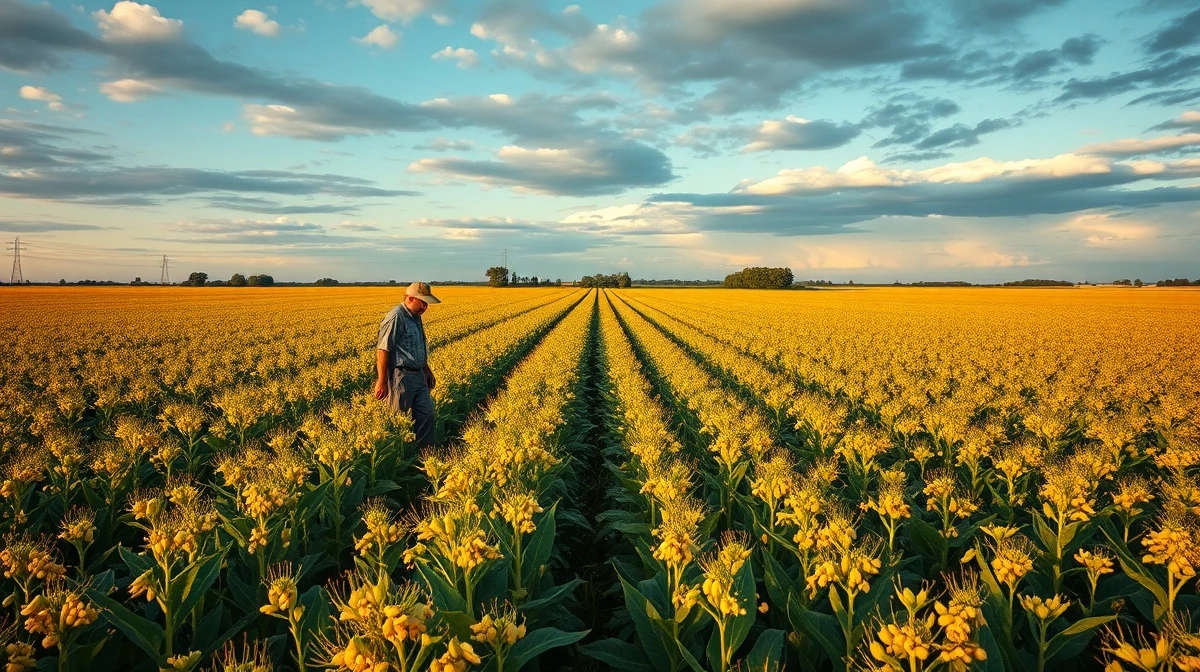 Soybean field with a farmer inspecting crops under a cloudy sky, representing agricultural commodity market conditions.