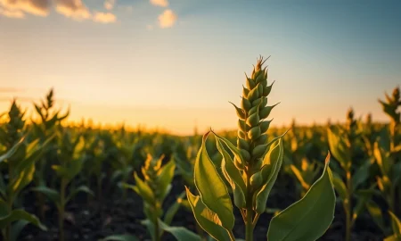 Soybean field at sunset, representing agricultural commodity markets under pressure from falling crude oil prices.
