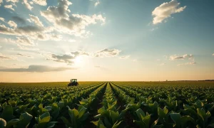 Soybean field with farmer and tractor under cloudy sky, representing falling soybean futures