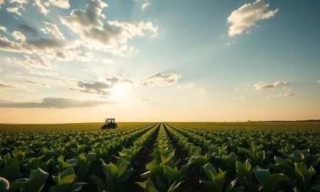 Soybean field with farmer and tractor under cloudy sky, representing falling soybean futures