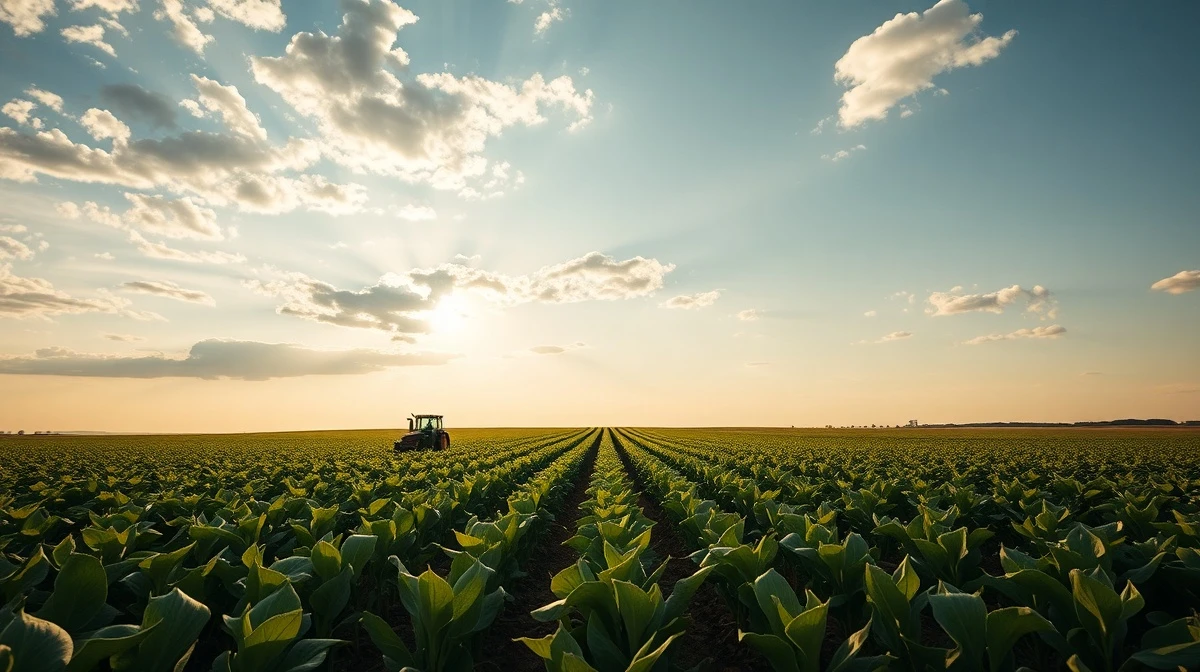 Soybean field with farmer and tractor under cloudy sky, representing falling soybean futures