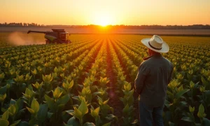 Soybean field at sunset with farmer and combine harvester, representing soybean rally and export data.