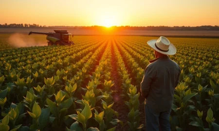 Soybean field at sunset with farmer and combine harvester, representing soybean rally and export data.