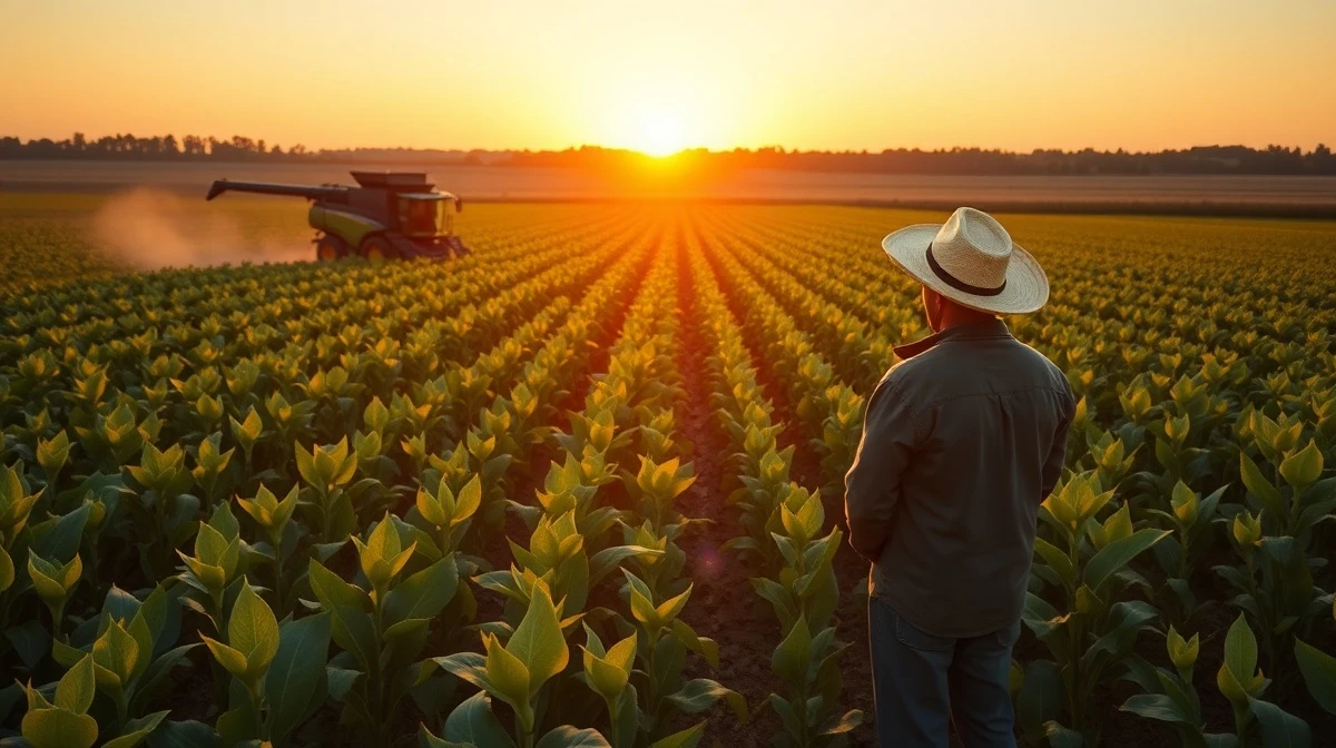 Soybean field at sunset with farmer and combine harvester, representing soybean rally and export data.