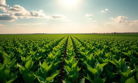 Green soybean field under partly cloudy sky, representing positive market movement.