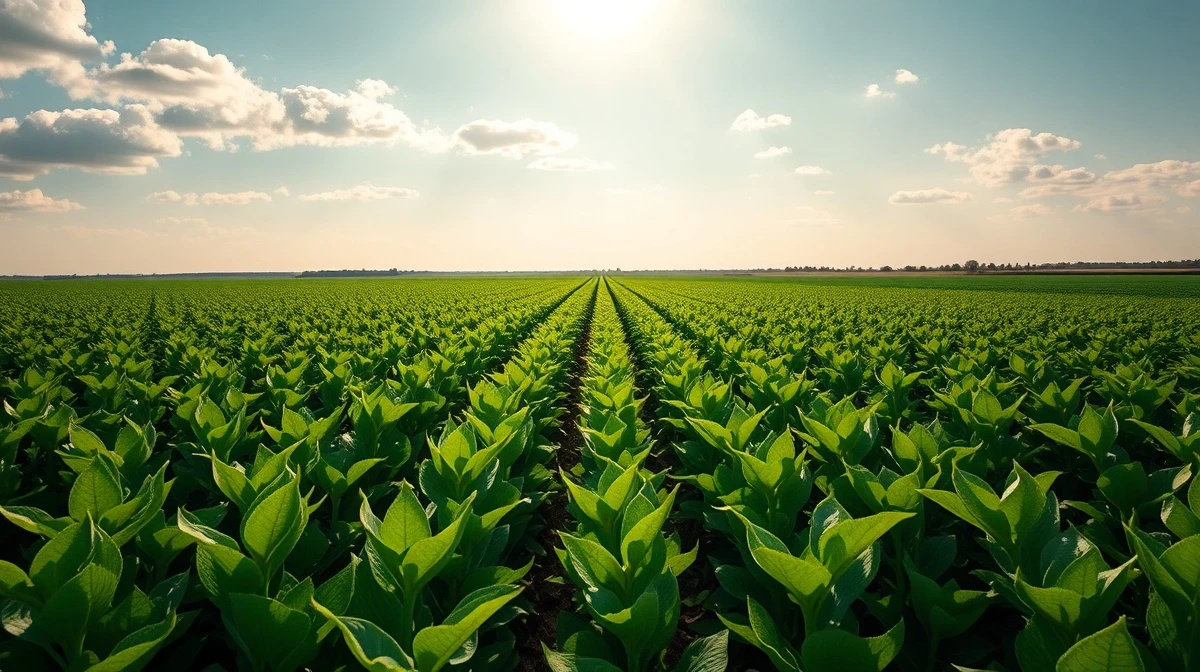 Green soybean field under partly cloudy sky, representing positive market movement.