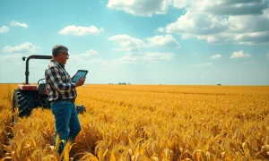 Farmer checking soybean prices on tablet in a field under cloudy sky