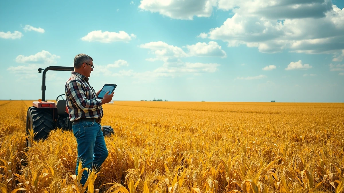 Farmer checking soybean prices on tablet in a field under cloudy sky