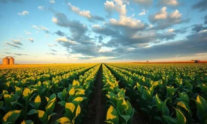 Soybean field at sunset with grain silo in the distance