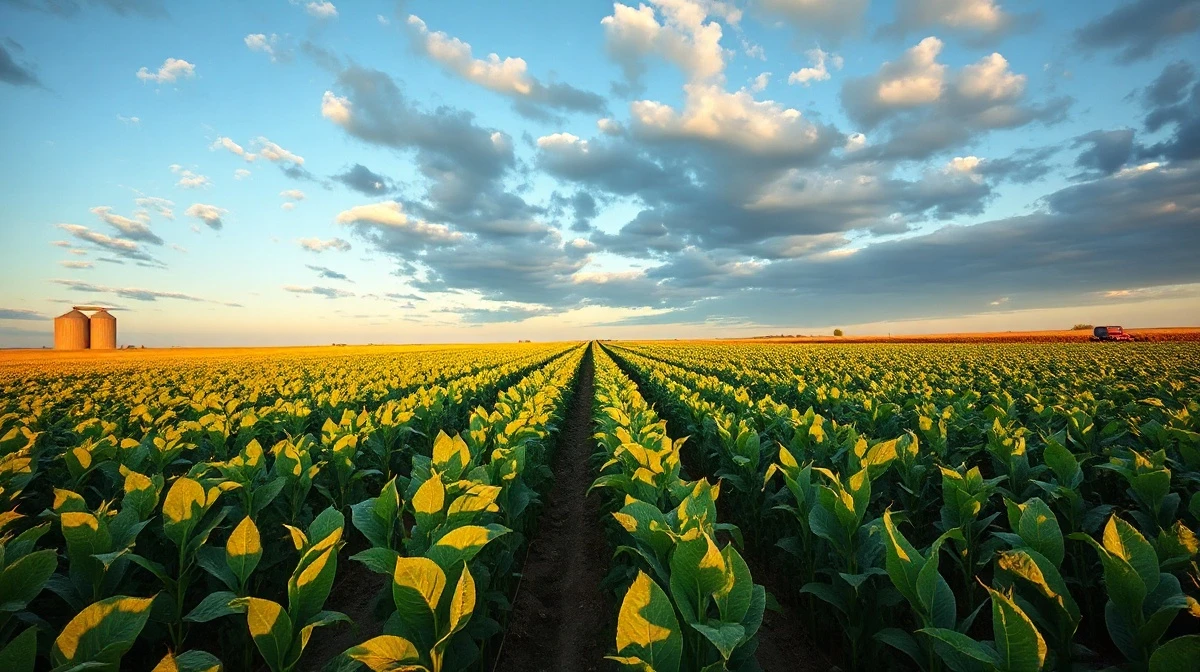 Soybean field at sunset with grain silo in the distance