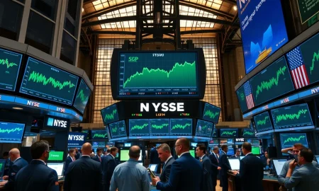 NYSE trading floor with green monitors showing S&P 500 index reaching record highs during AI-driven market rally.