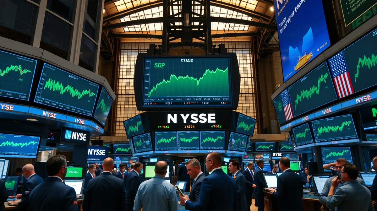 NYSE trading floor with green monitors showing S&P 500 index reaching record highs during AI-driven market rally.