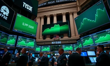 NYSE trading floor with green screens showing S&P 500 at record high during tech-led rally